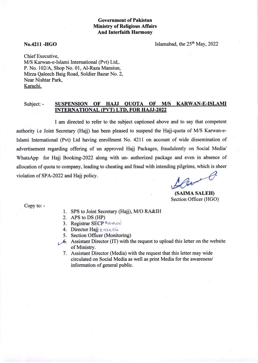 Suspension of Hajj Quota of M/S Karwan-e-Islami International (Pvt) Ltd Enr # 4211/L for Hajj-2022